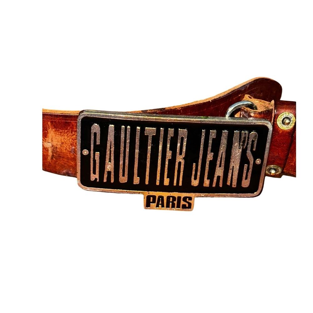 Vintage 90s Gaultier Jean's Paris Enamel Logo Plaque belt Brown Leather JPG
